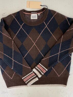 Scotch & Soda Amsterdam Preppy Argyll Print Acrylic Poly Sweater Navy Brown Pk S